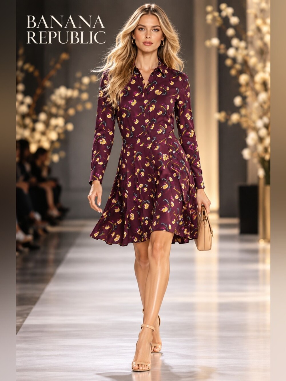 Banana Republic Floral Shirt Dress Petite 00 Burgundy Button Front Long Sleeve